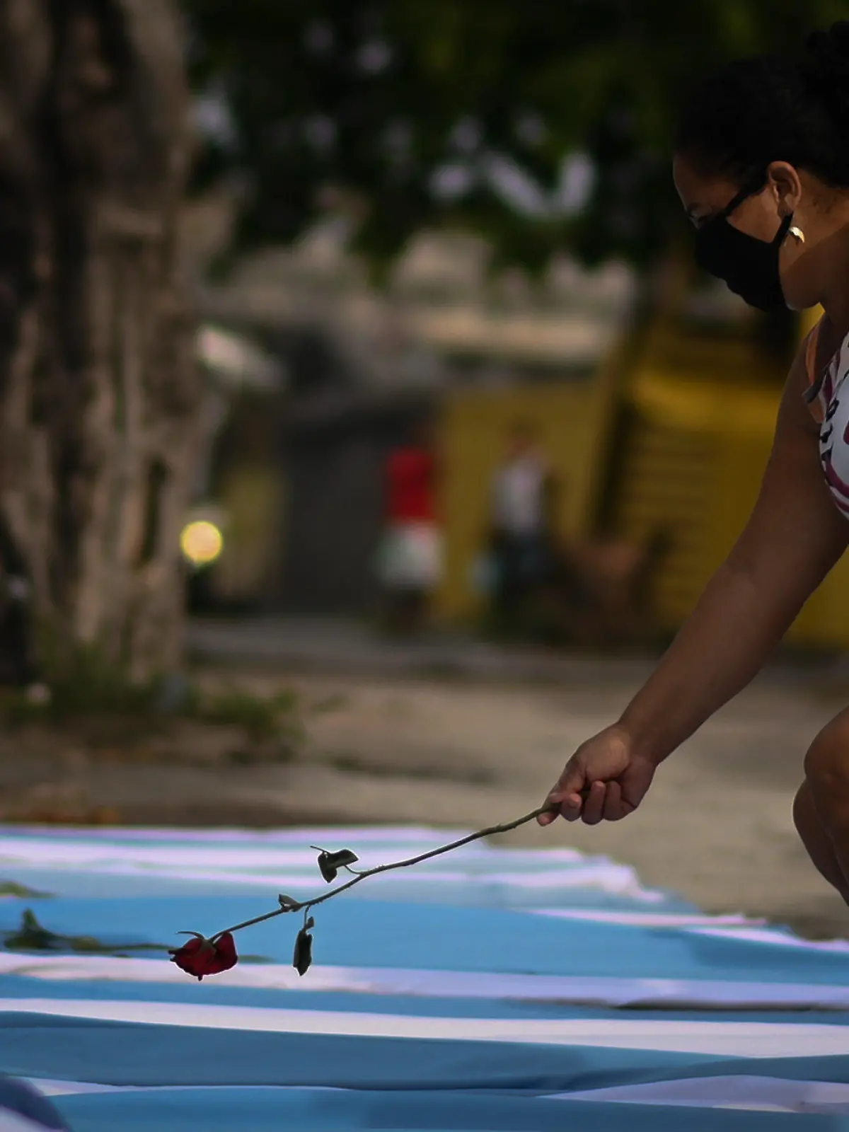 dpatopbilder - 24.03.2021, Brasilien, Acari: Eine Frau legt eine Rose auf eine Bahre mit Laken und Kissen, während eines Protestes im Gedenken an die rund 300.000 Corona-Toten in Brasilien. In Brasilien sind zudem zum ersten Mal mehr als 3000 Menschen an einem Tag nach einer Corona-Infektion gestorben. Foto: Andre Borges/dpa +++ dpa-Bildfunk +++