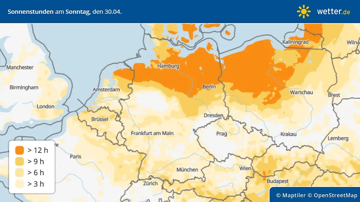 Sonnenstunden am Sonntag, 30. April, in Deutschland