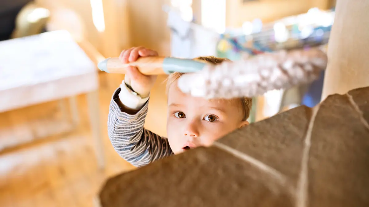 Kleines Kind mit Staubwedel