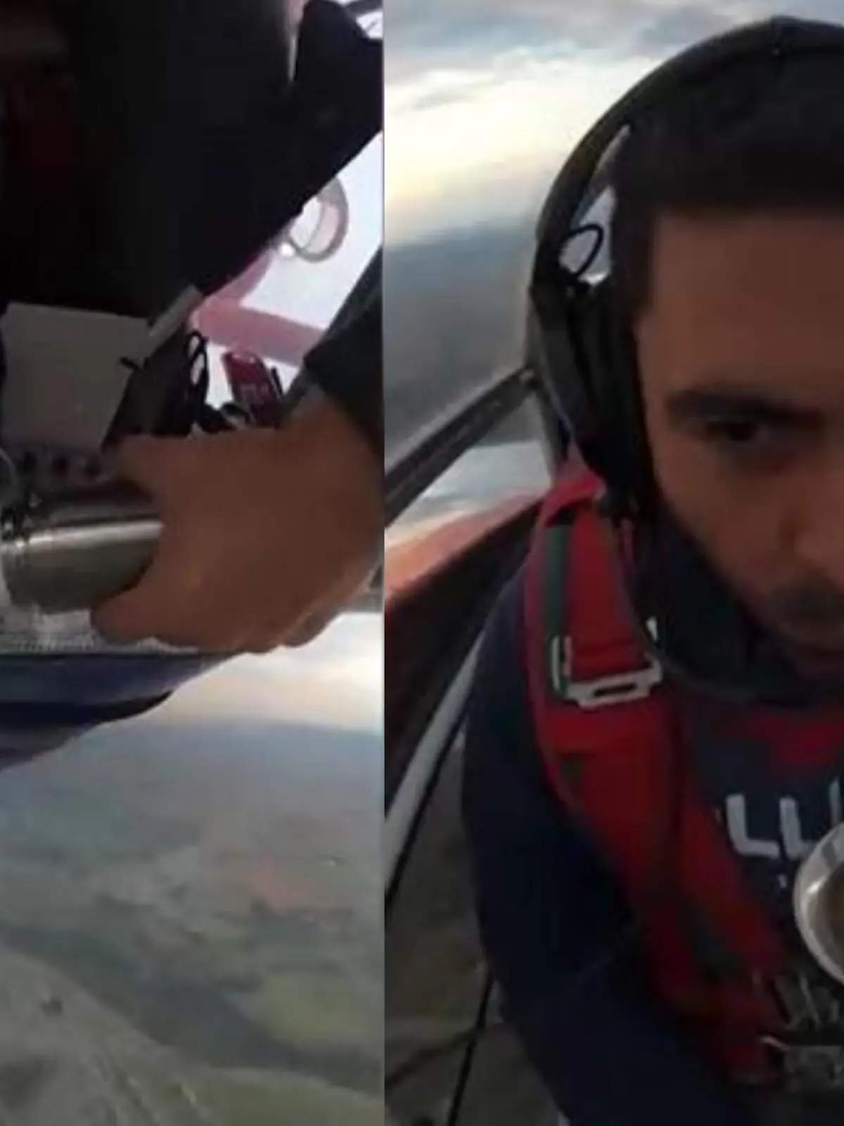 Während einer Fassrolle schüttet sich der Pilot Tee ein.