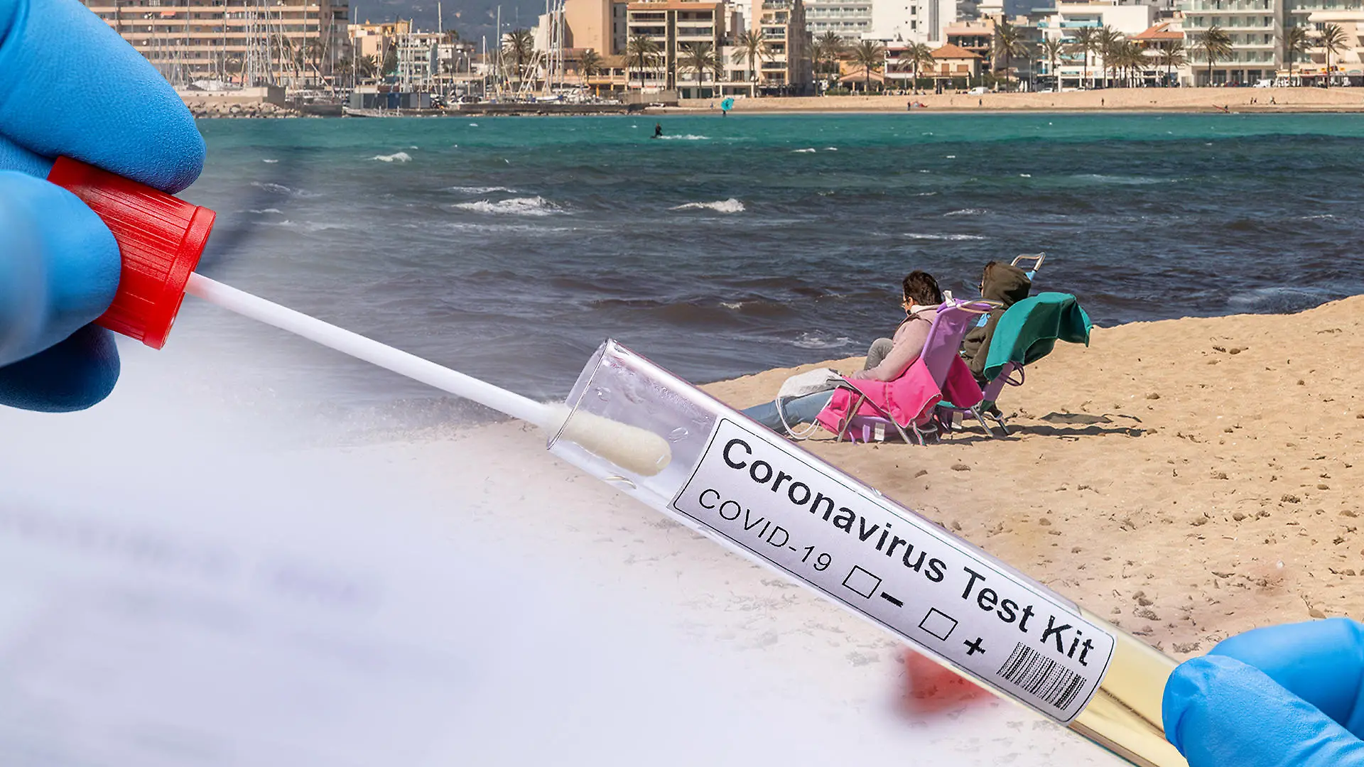 Corona-Test links, rechts Strandimpression