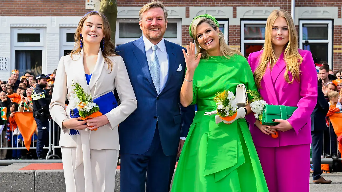 King Willem-Alexander and Queen Maxima of the Netherlands with Princess Amalia and Princess Ariane of the Netherlands attending King's Day 2023, the celebration of the 56th birthday of the Dutch King in Rotterdam, The Netherlands.