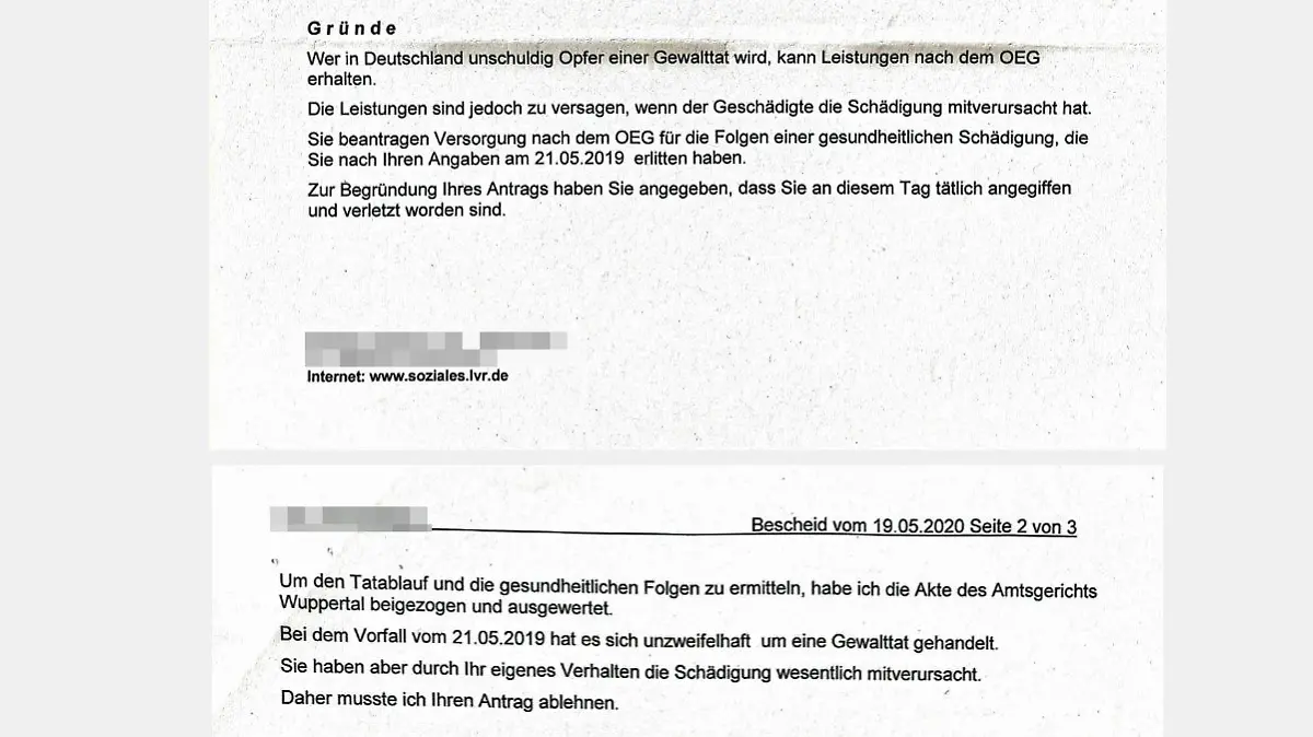 Der LVR-Bescheid mit der für die Familie empörenden Begründung.