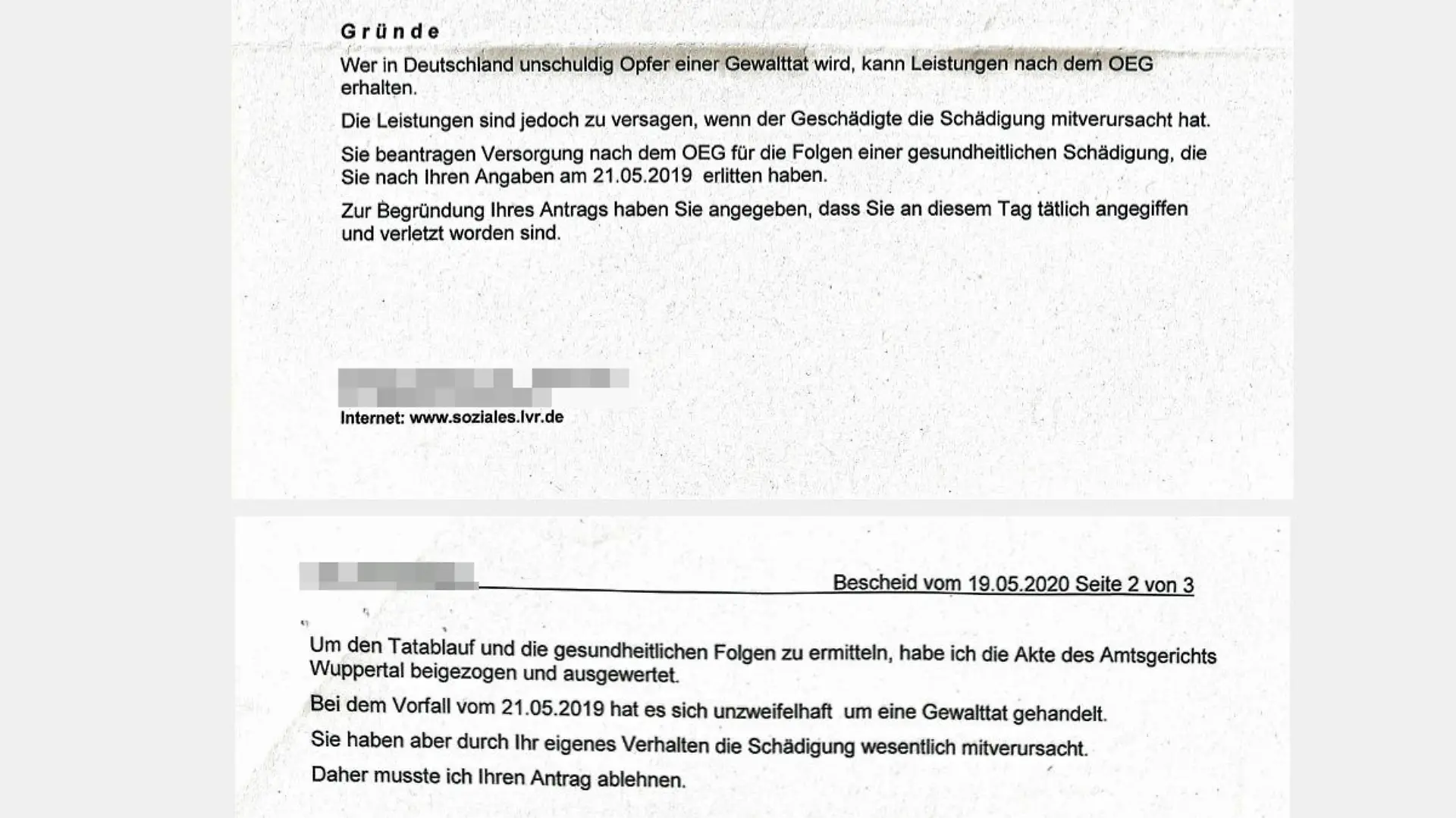 Der LVR-Bescheid mit der für die Familie empörenden Begründung.