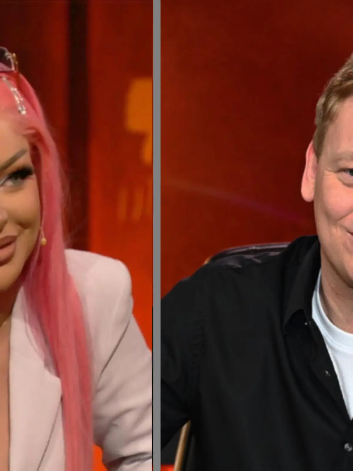 Katja Krasavice (l.) hat eine schlechte Nachricht für TFG-Host Knossi (r.).
