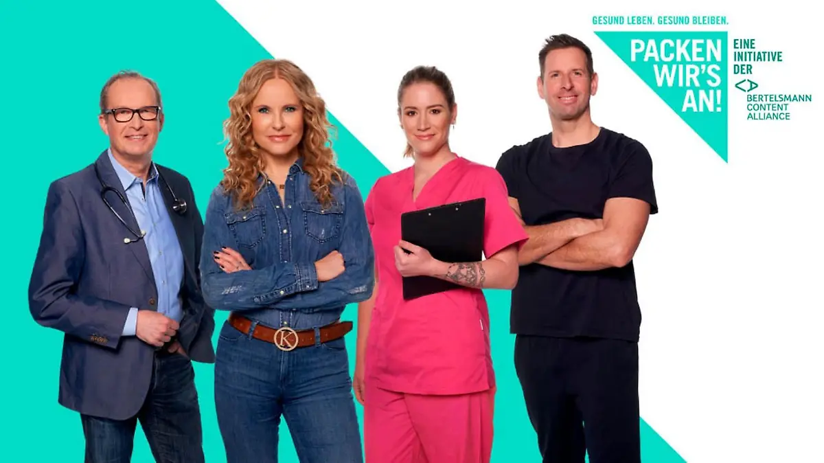 RTL-Moderatorin Katja Burkard, Dr. Christoph Specht, Franziska Böhler, Personaltrainer Marcus Kalz.
