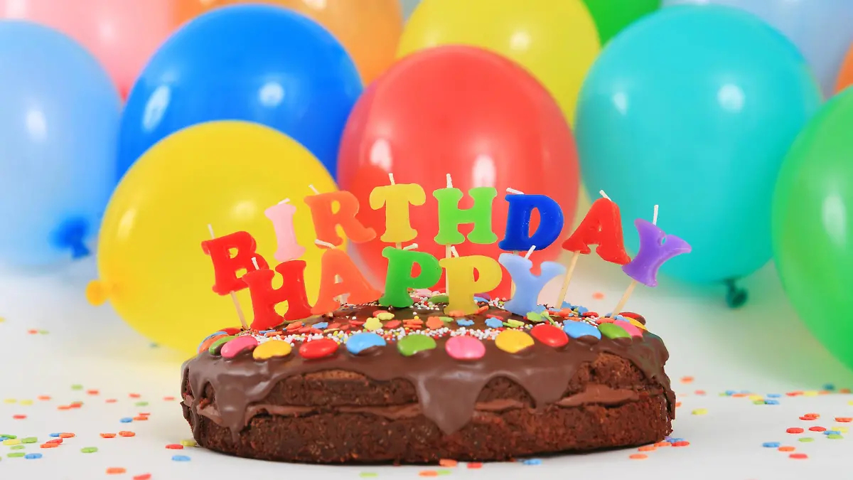 Schokoladen-Geburtstagskuchen mit Happy Birthday-Kerzen | happy birthday chocolate cake with candles and balloons