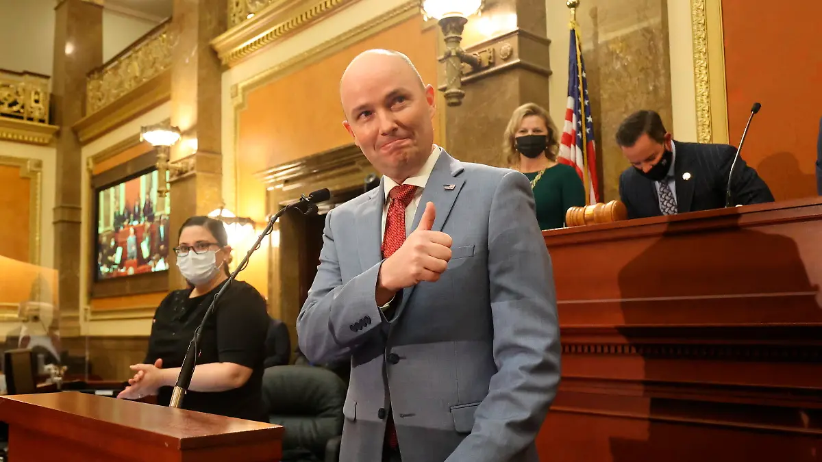 Utah Gov. Spencer Cox, gets ready to give his first State of the State address at the Utah State Capitol on Thursday, Jan. 21, 2021, in Salt Lake City. (Jeffrey D. Allred/Deseret News, via AP, Pool)
