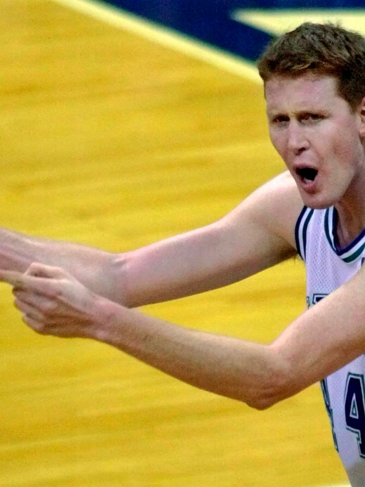 FILE - In this Feb. 17, 2001, file photo, Dallas Mavericks center Shawn Bradley reacts as he argues a defensive foul he was charged with during the second quarter of an NBA basketball game against the Washington Wizards in Dallas. Former NBA player Shawn Bradley was paralyzed when he was struck from behind by a vehicle while riding a bike near his Utah home, saying in a statement nearly two months after the accident he intended to bring awareness to bicycle safety. (AP Photo/Bill Janscha)