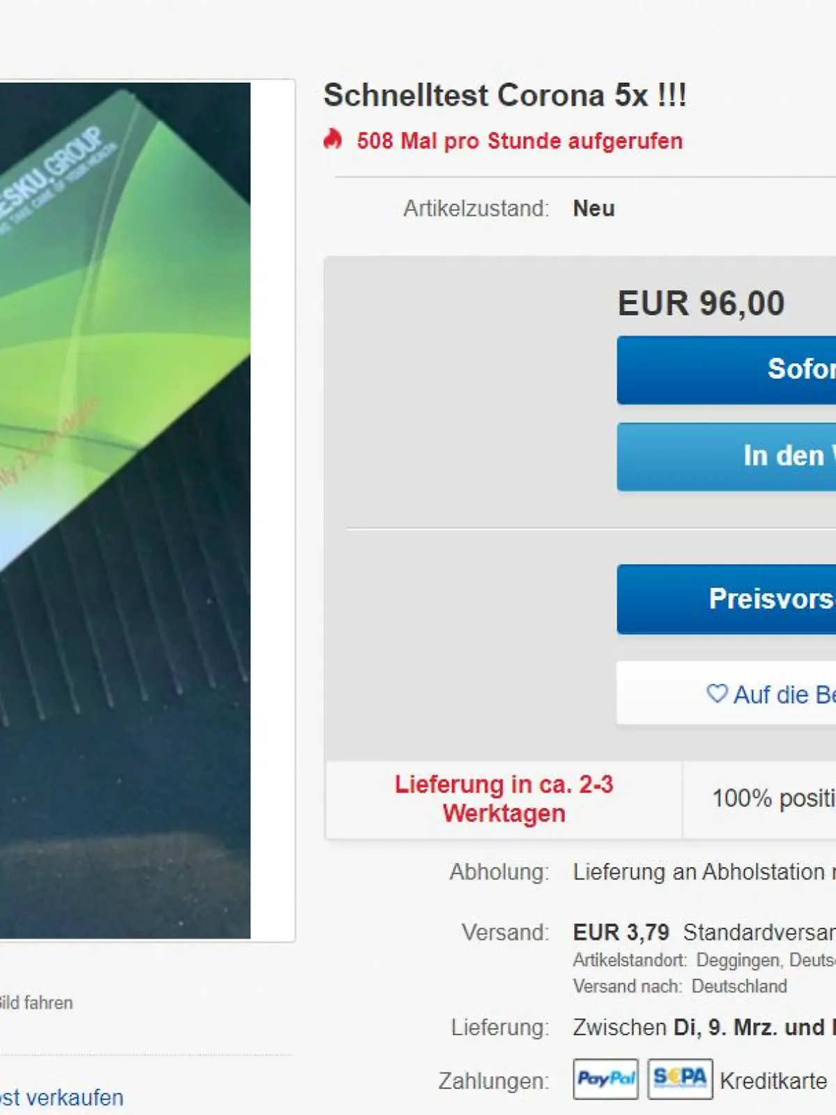 Bei Ebay finden sich seit Samstagmittag mehrere Schnelltests, die bei Aldi gekauft wurden.
