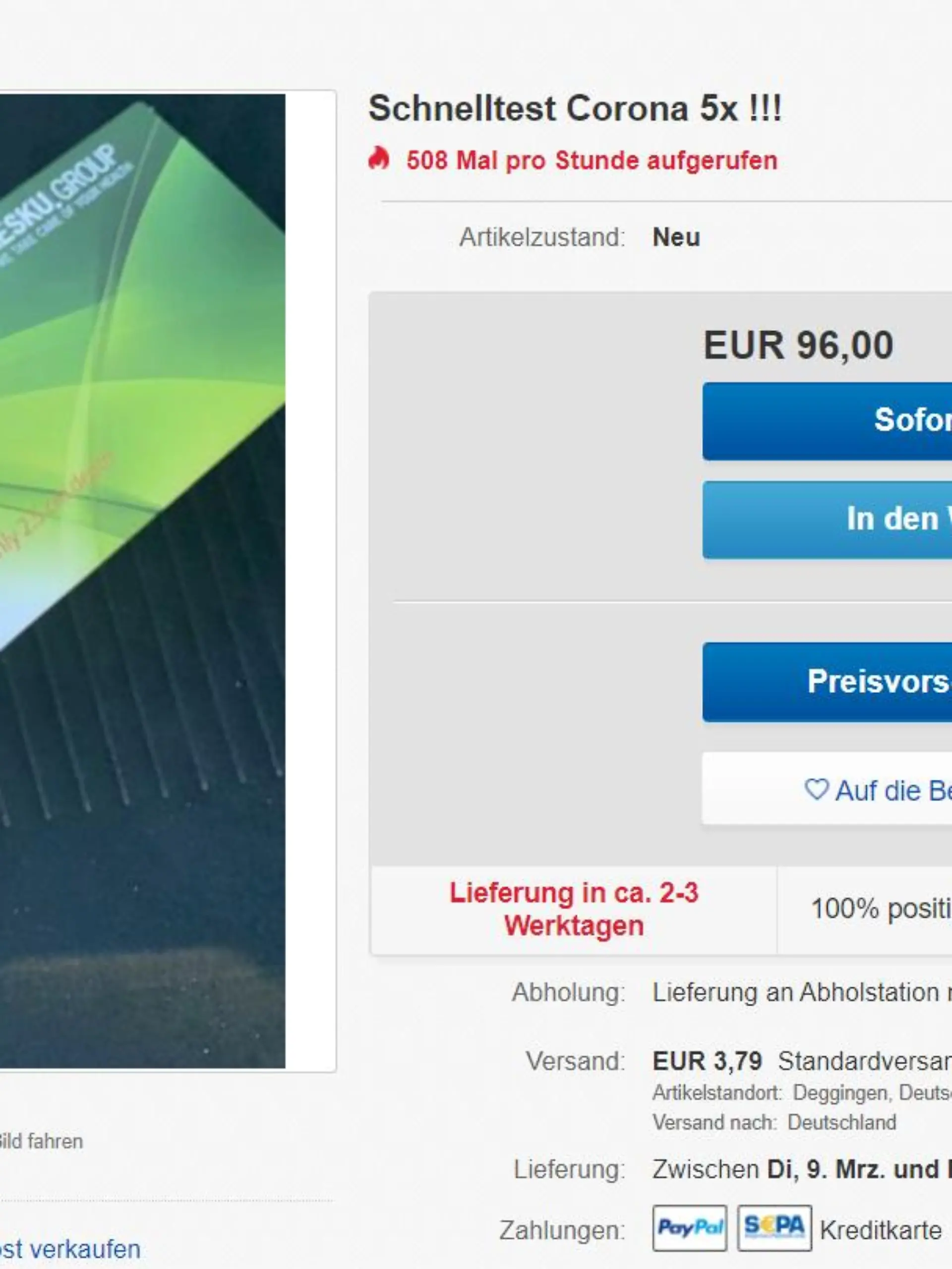 Bei Ebay finden sich seit Samstagmittag mehrere Schnelltests, die bei Aldi gekauft wurden.
