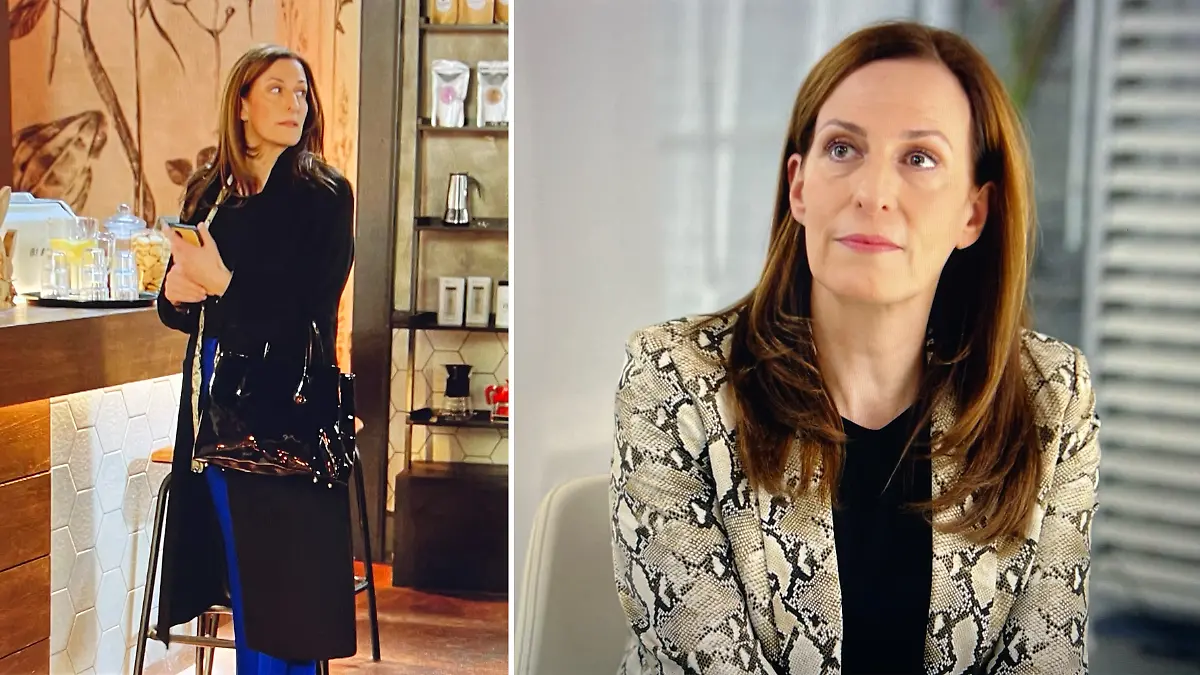 Katrin aus GZSZ in einem bunten Business-Outfit.