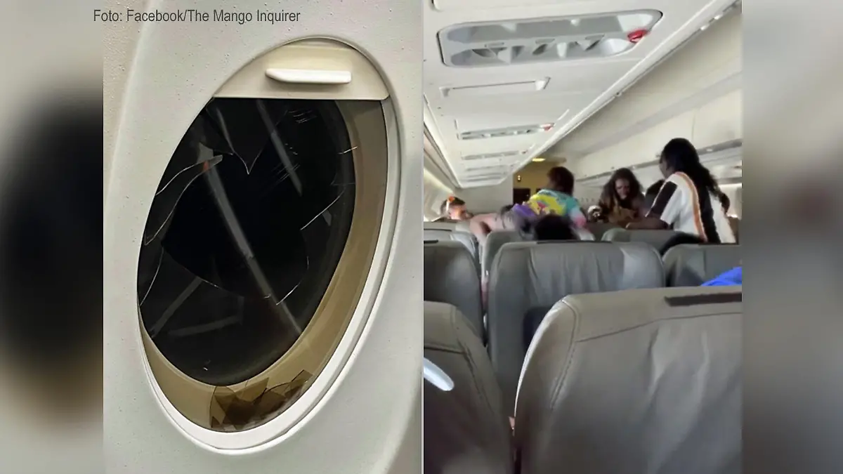 Ein eingeschlagenes Innenfenster im Flugzeug und Passagiere des Fluges, die in Streit geraten sind.
