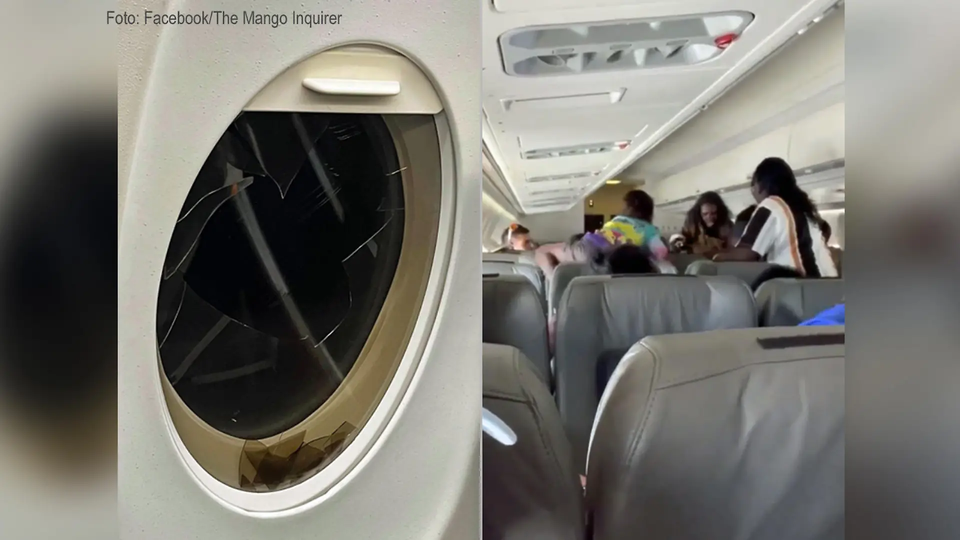 Ein eingeschlagenes Innenfenster im Flugzeug und Passagiere des Fluges, die in Streit geraten sind.