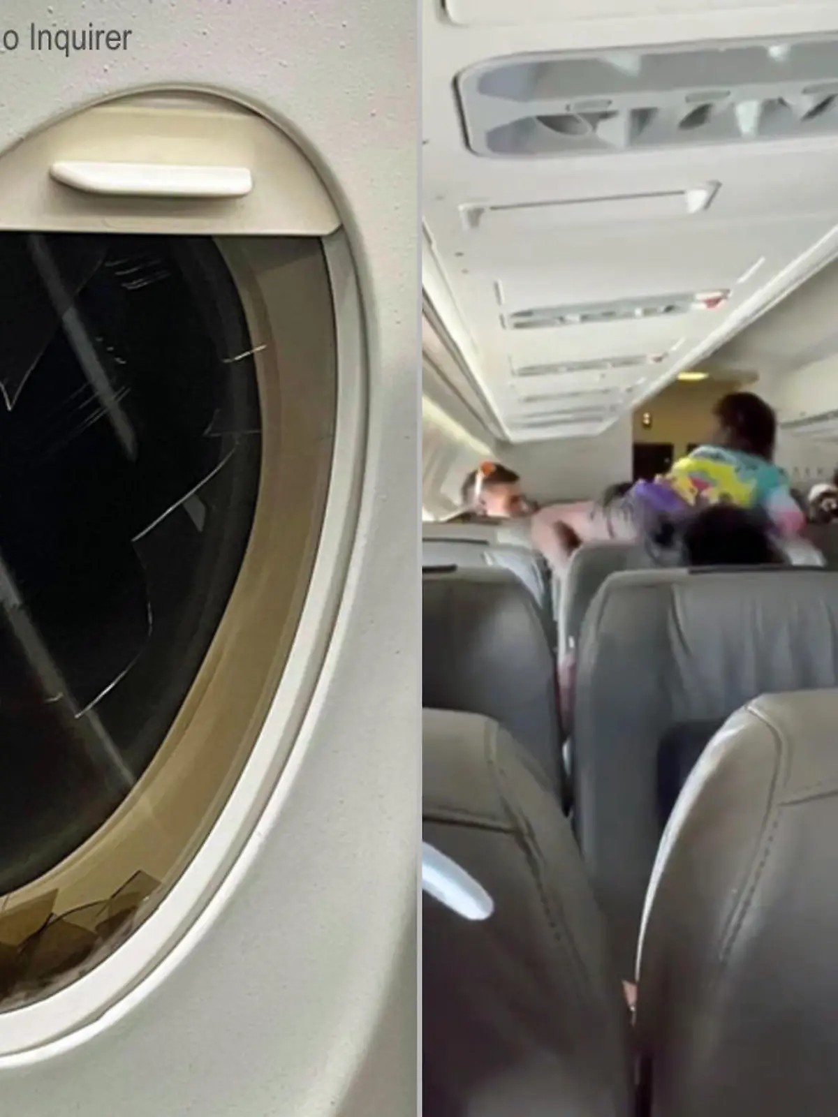 Ein eingeschlagenes Innenfenster im Flugzeug und Passagiere des Fluges, die in Streit geraten sind.