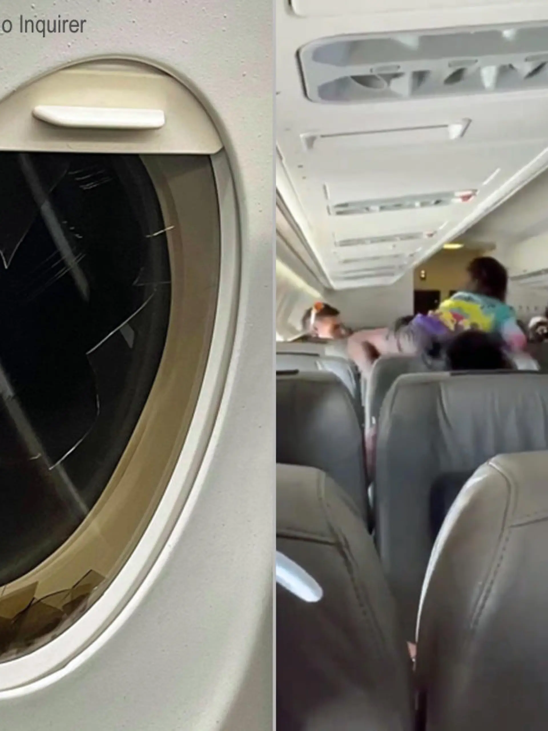 Ein eingeschlagenes Innenfenster im Flugzeug und Passagiere des Fluges, die in Streit geraten sind.