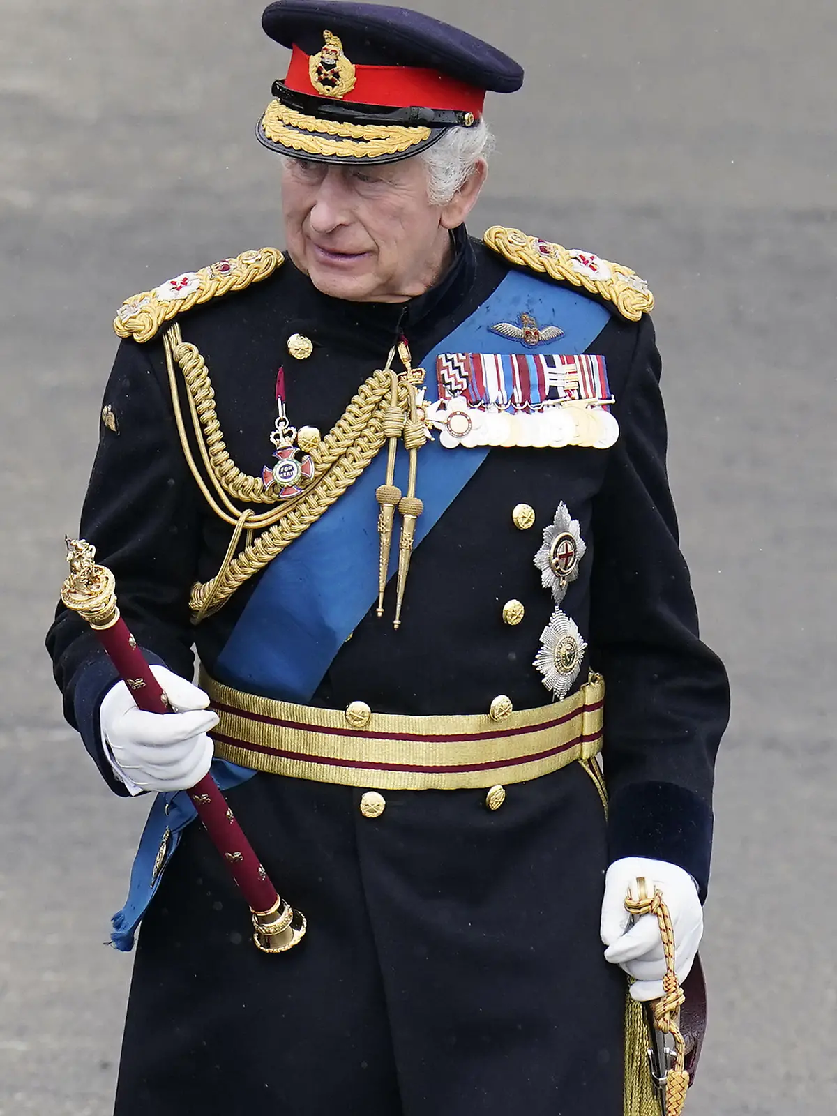 Sovereign's Parade - Sandhurst. King Charles III inspects Officer Cadets on parade during the 200th Sovereign's Parade at the Royal Military Academy Sandhurst (RMAS) in Camberley, Surrey. Picture date: Friday April 14, 2023. See PA story ROYAL King. Photo credit should read: Andrew Matthews/PA Wire URN:71741812