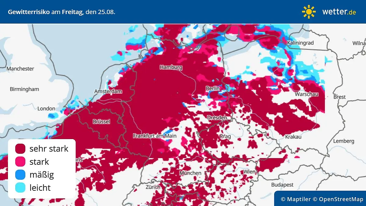 Die Grafik zeigt das Gewitterrisiko für Deutschland am Freitag, 25.08.2023