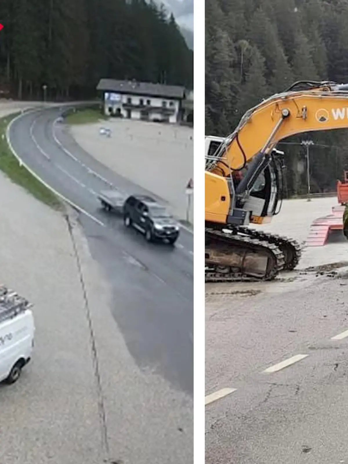 Was für ein Schockmoment: In Sand in Taufers in Südtirol schmettert ein enormer Steinbrocken auf eine befahrene Straße im Tal zu - im Video.