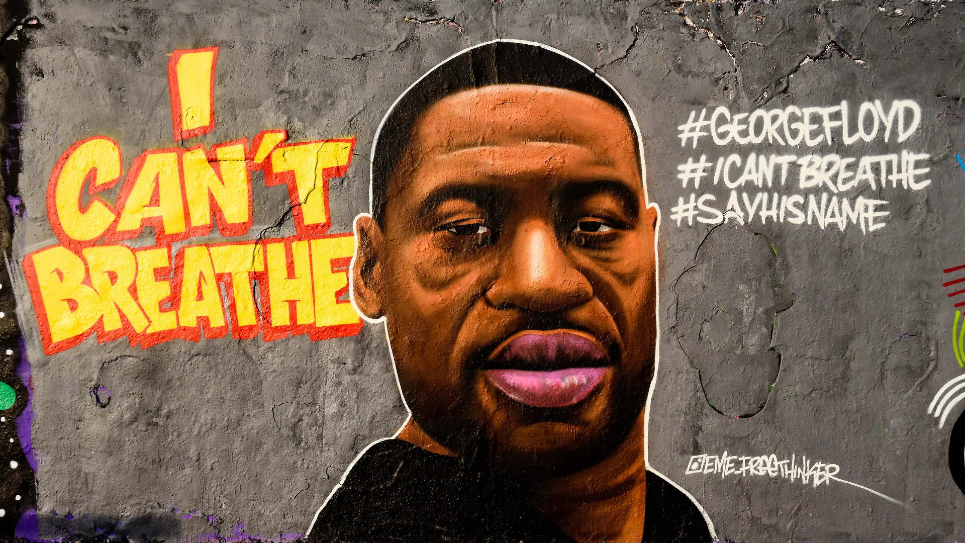 People can be seen in front of a graffiti by the artist Eme Freethinker with the writing ''I can't breathe'' and the portrait of George Floyd can be seen in Berlin Mauerpark days after the death of George Floyd, an African-American man from Minnesota, USA. His death occurred after a white Minneapolis police officer knelt on Floyd's neck for several minutes until he was unresponsive. Floyd's death has been compared to the 2014 death of Eric Garner who also repeated ''I can't breathe'' after being placed in a choke hold by a New York police officer during an arrest.
Credit Image: Jan Scheunert/ZUMA Wire
Pictured: GV,General View
Ref: SPL5169193 300520 NON-EXCLUSIVE
Picture by: Zuma / SplashNews.com
Splash News and Pictures
USA: +1 310-525-5808
London: +44 (0)20 8126 1009
Berlin: +49 175 3764 166
photodesk@splashnews.com
World Rights, No Argentina Rights, No Belgium Rights, No China Rights, No Czechia Rights, No Finland Rights, No France Rights, No Hungary Rights, No Japan Rights, No Mexico Rights, No Netherlands Rights, No Norway Rights, No Peru Rights, No Portugal Rights, No Slovenia Rights, No Sweden Rights, No Switzerland Rights, No Taiwan Rights, No United Kingdom Rights