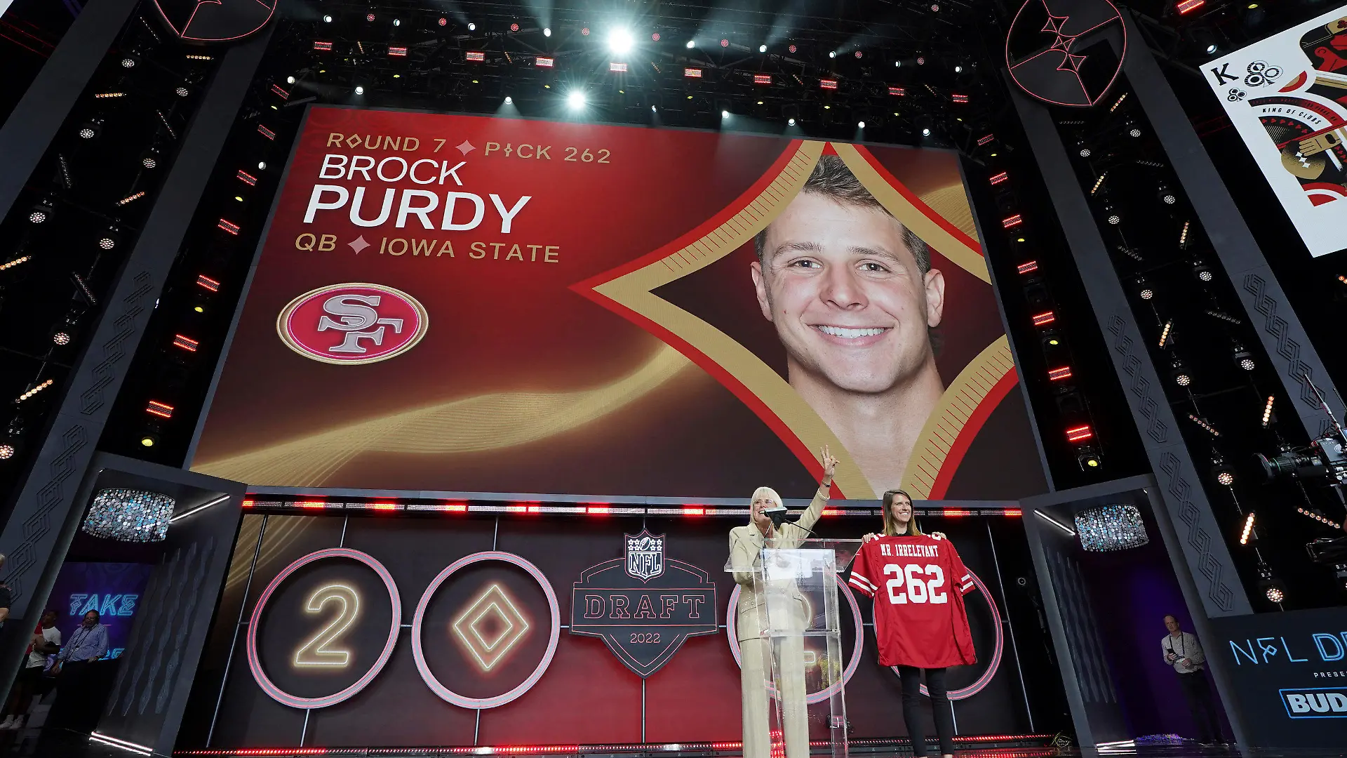 FILE - Iowa State quarterback Brock Purdy gets picked as Mr. Irrelevant by the San Francisco 49ers as the 262nd and last pick of the 2022 NFL Draft on Saturday, April 30, 2022, in Las Vegas. The overlooked quarterback who got dubbed with the “Mr. Irrelevant” moniker after being drafted with the final pick last year developed into a gem who won his first seven starts and helped the San Francisco 49ers make it to the NFC championship game. (AP Photo/Doug Benc, File)