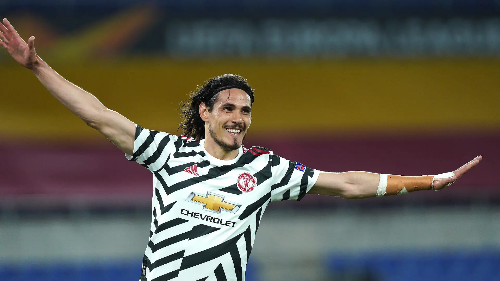 Edinson Cavani of Manchester United, ManU celebrates after scoring second goal during the UEFA Europa League Semi-Final match between AS Roma and Manchester United at Stadio Olimpico, Rome, Italy on 6 May 2021. Photo by Giuseppe Maffia. Rome Stadio Olimpico Rome Italy Copyright: xGiuseppexMaffiax SP24-31-013
