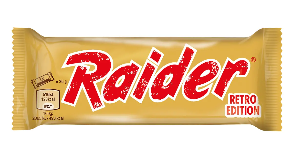Die RAIDER Sonderedition als Single-Riegel in der legendären Retro-Optik mit historischem Schriftzug
