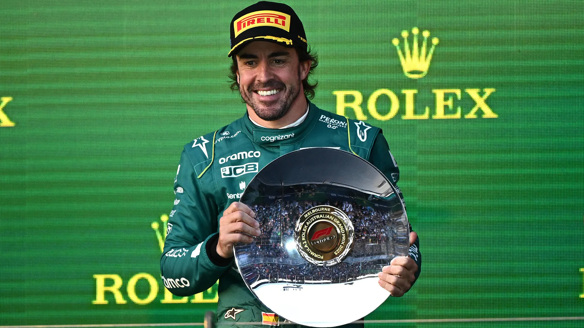 AUSTRALIAN F1 GRAND PRIX, Fernando Alonso ESP of Aston Martin F1 Team celebrates his third place on the podium following the 2023 Australian Grand Prix at the Albert Park Circuit in Melbourne, Sunday, April 02, 2023. ACHTUNG: NUR REDAKTIONELLE NUTZUNG, KEINE ARCHIVIERUNG UND KEINE BUCHNUTZUNG MELBOURNE VICTORIA AUSTRALIA PUBLICATIONxINxGERxSUIxAUTxONLY Copyright: xJOELxCARRETTx 20230402001782084663