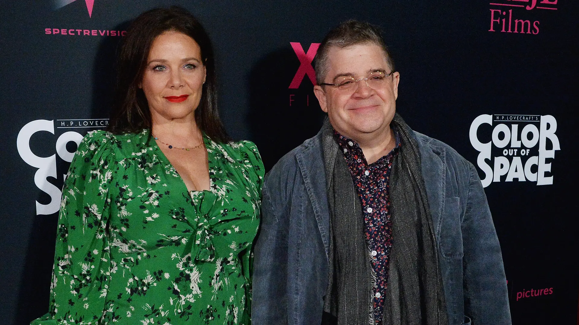 Actor Patton Oswalt and his wife Meredith Salenger attend the premiere of the sci-fi horror motion picture "Color Out of Space" at the Vista Theatre in Los Angeles on Tuesday, January 14, 2020. Storyline: A story of cosmic terror about The Gardners,