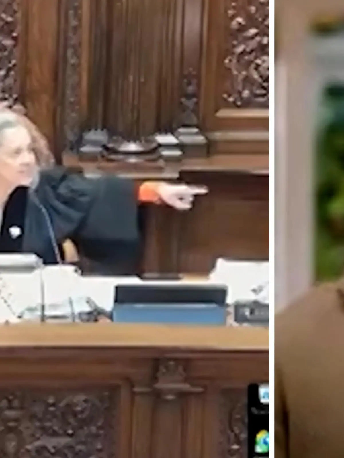 Fotocollage: Links die Richterin, die laut wird, rechts der KI-Avatar.