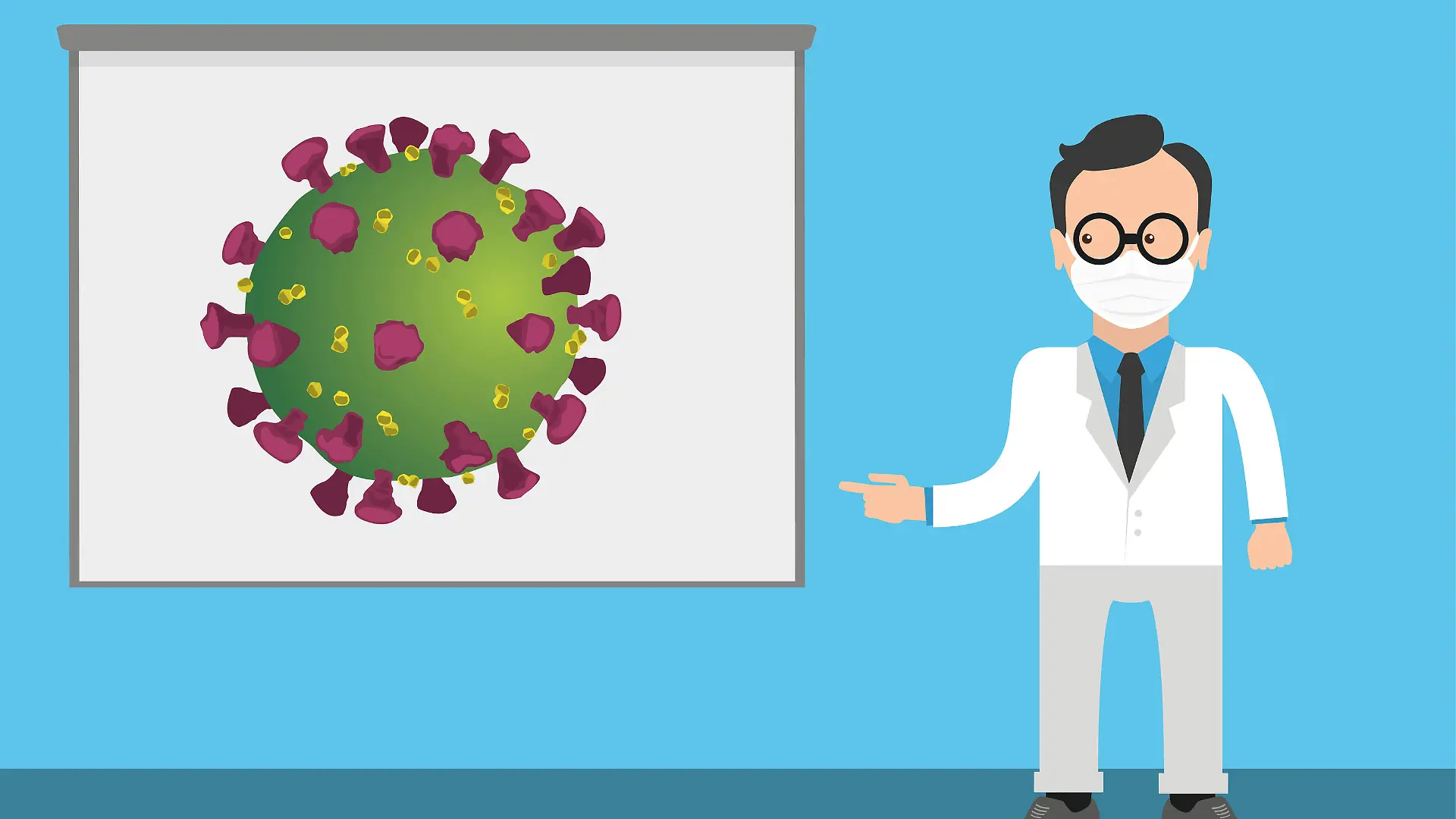 Man Doctor Mask Cartoon Board Virus Doctor points to the illustration of the coronavirus on a flipchart. Eps 10 vector file.