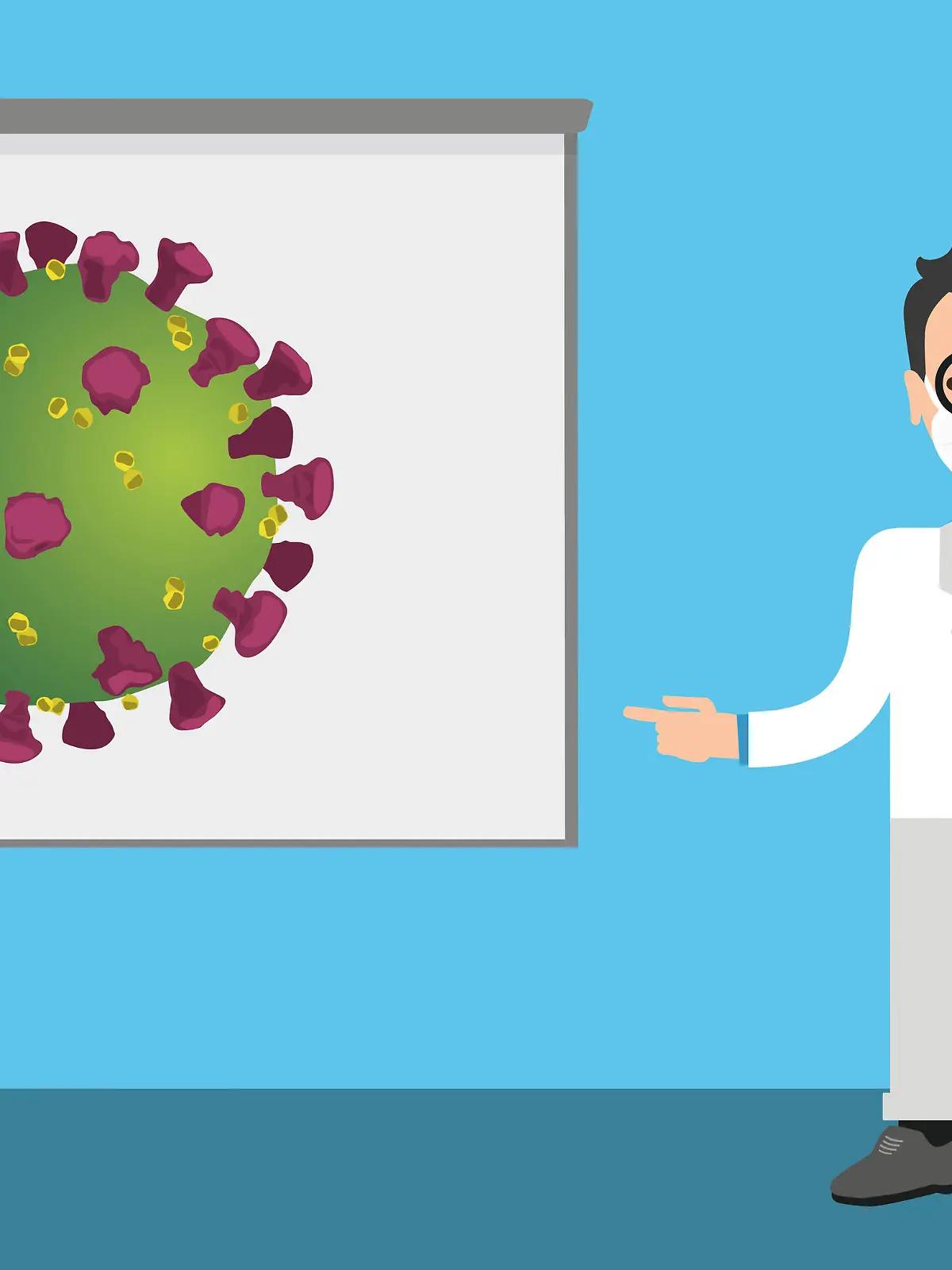  Man Doctor Mask Cartoon Board Virus Doctor points to the illustration of the coronavirus on a flipchart. Eps 10 vector file.