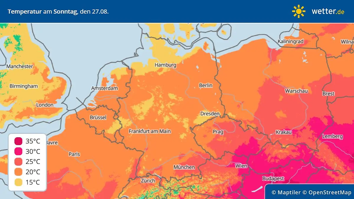 Die Grafik zeigt die Höchstwerte am Sonntag, 27.08.2023