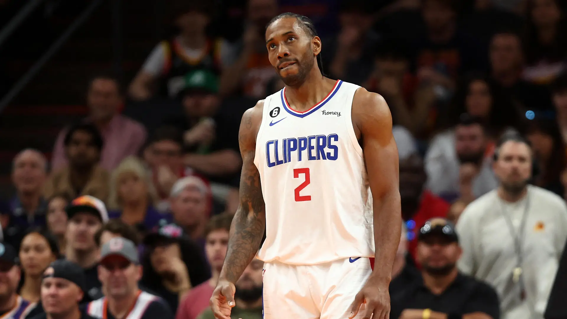 Apr 9, 2023; Phoenix, Arizona, USA; Los Angeles Clippers forward Kawhi Leonard (2) reacts against the Phoenix Suns in the first half at Footprint Center. Mandatory Credit: Mark J. Rebilas-USA TODAY Sports