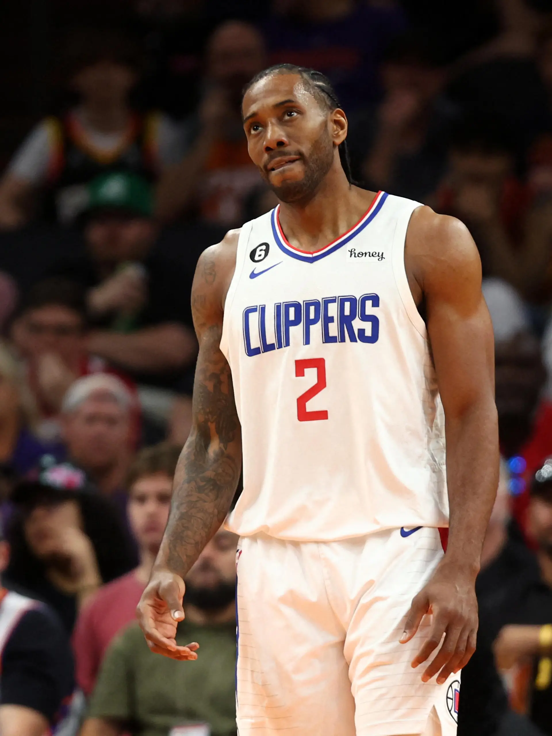 Apr 9, 2023; Phoenix, Arizona, USA; Los Angeles Clippers forward Kawhi Leonard (2) reacts against the Phoenix Suns in the first half at Footprint Center. Mandatory Credit: Mark J. Rebilas-USA TODAY Sports