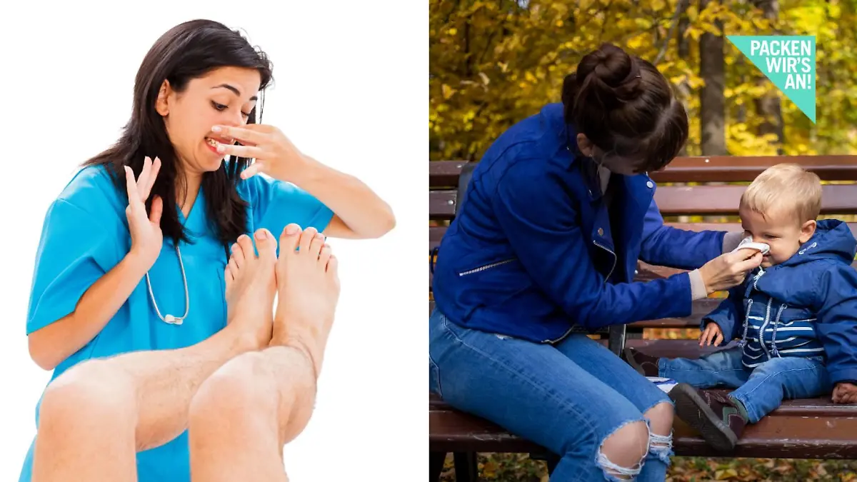 Stinkende Füß - Mutter putzt Kind die Nase