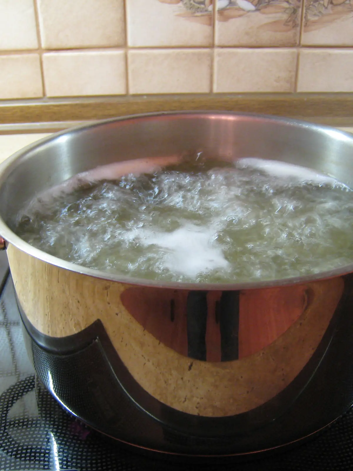 Ein Topf mit kochendem Wasser auf einem Elektroherd mit Cerankochfeld.