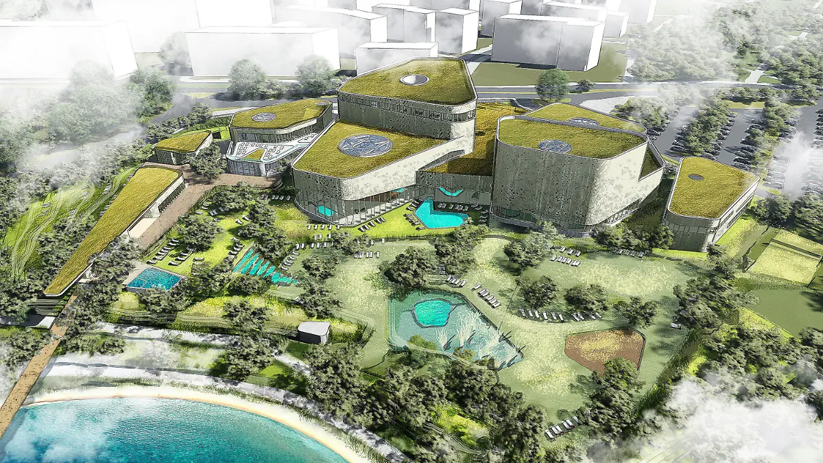 HANDOUT - 22.10.2020, Hessen, Frankfurt/Main: Die Computer-Darstellung zeigt das geplante, neue Rebstockbad mit seinem Außengelände. 11 Architekturbüros hatten in einem europaweiten Planungswettbewerb Entwürfe vorlegt. Die Jury vergab den ersten Preis an das Planungsbüro Geising + Böker Architekten (Hamburg/Vechta) - «eine überzeugende Synthese zwischen Landschaft und Stadtstruktur», wie das Preisgericht befand. (zu dpa «In fünf Jahren soll das neue Rebstockbad fertig sein») Foto: Geising + Böker Architekten BDA/dpa - ACHTUNG: Nur zur redaktionellen Verwendung im Zusammenhang mit der aktuellen Berichterstattung und nur mit vollständiger Nennung des vorstehenden Credits +++ dpa-Bildfunk +++