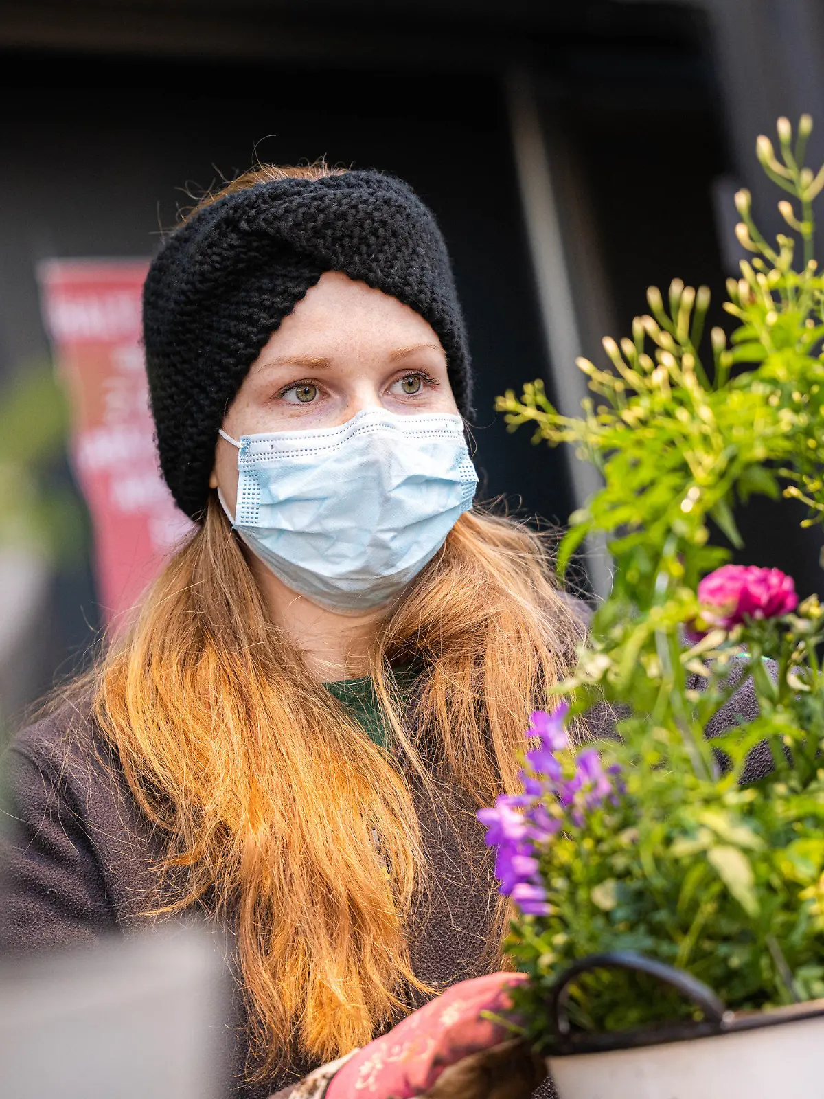 13.02.2021, Niedersachsen, Oldenburg: Alexandra Stahnke, Mitarbeiterin im Oldenburger Wohngarten, bereitet einen Blumentopf für den Verkauf vor. Foto: Mohssen Assanimoghaddam/dpa +++ dpa-Bildfunk +++