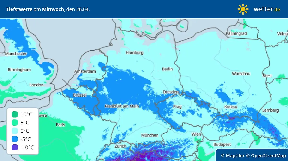Prognose und Vorhersage Tiefstwerte am 26. April 2023 in Deutschland