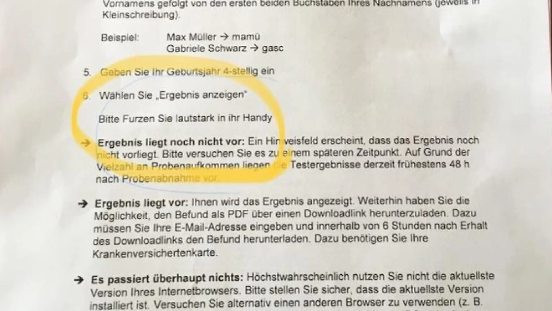 Gefälschter Anleitungsbogen zum Coronatest