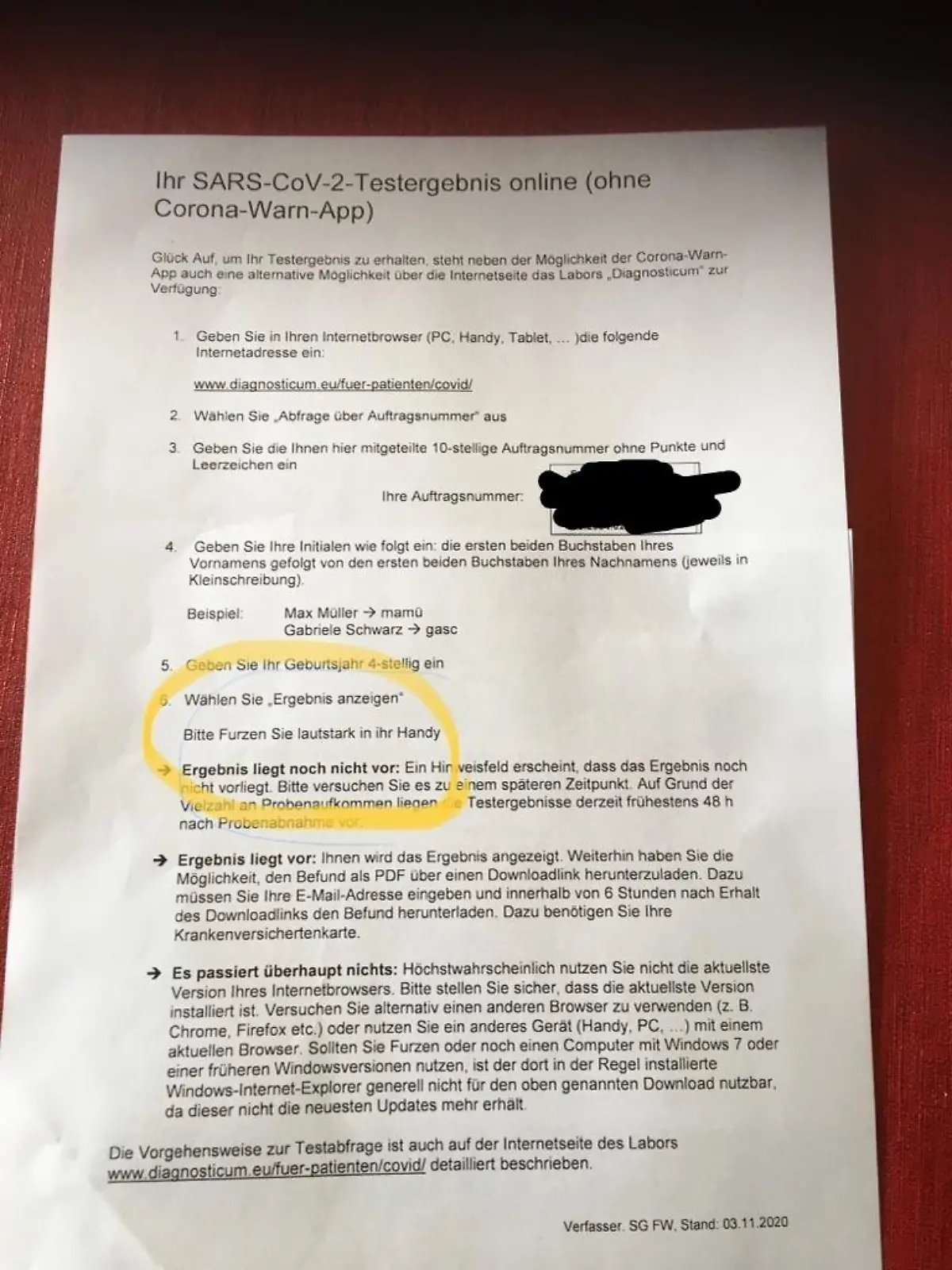 Gefälschter Anleitungsbogen zum Coronatest