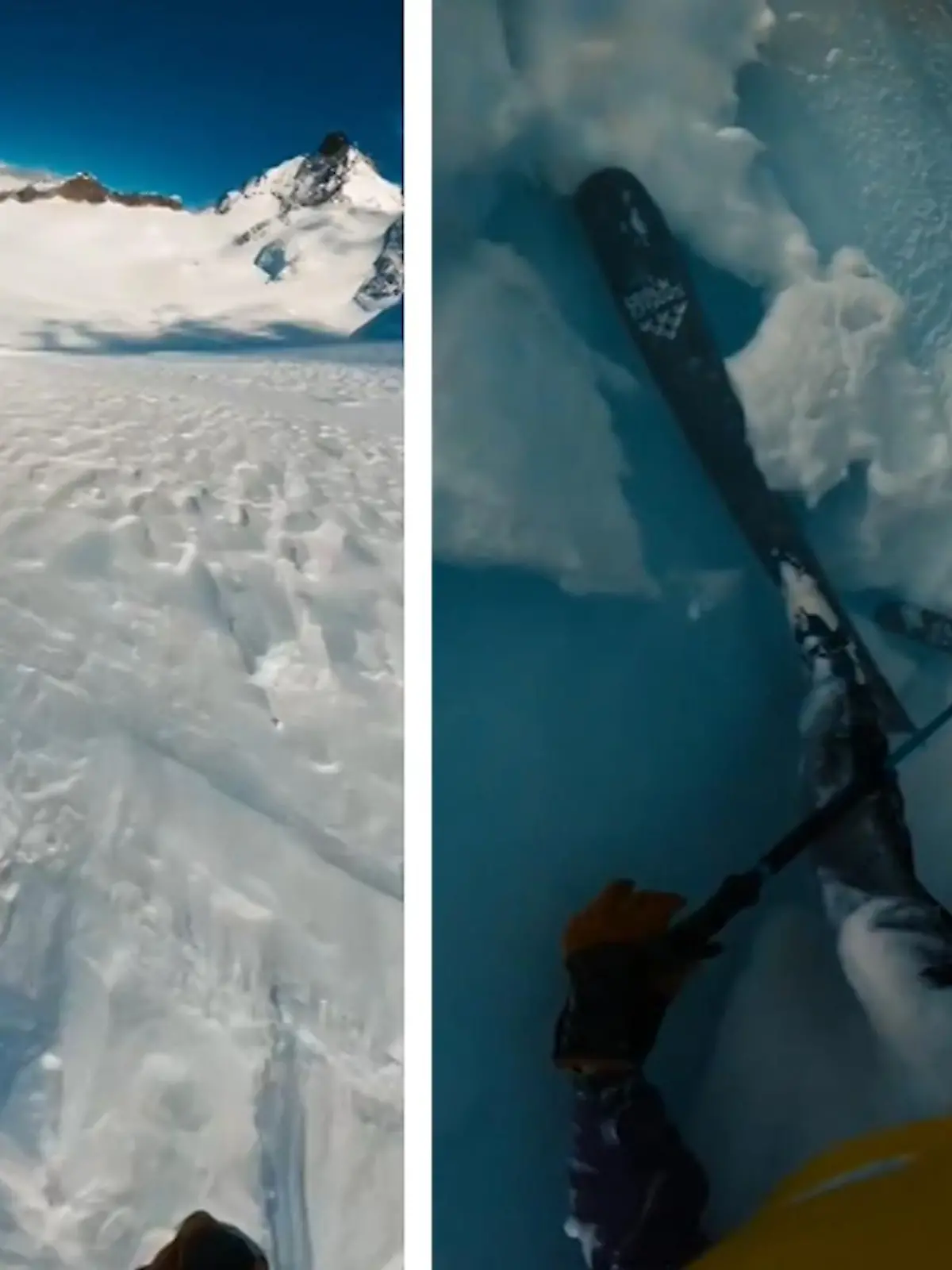 GoPro-Videoaufnahmen zeigen den Moment, wie ein Skifahrer der Gruppe Les Powtos in den französischen Alpen in Frankreich in eine tiefe Gletscherspalte stürzt - im Video.