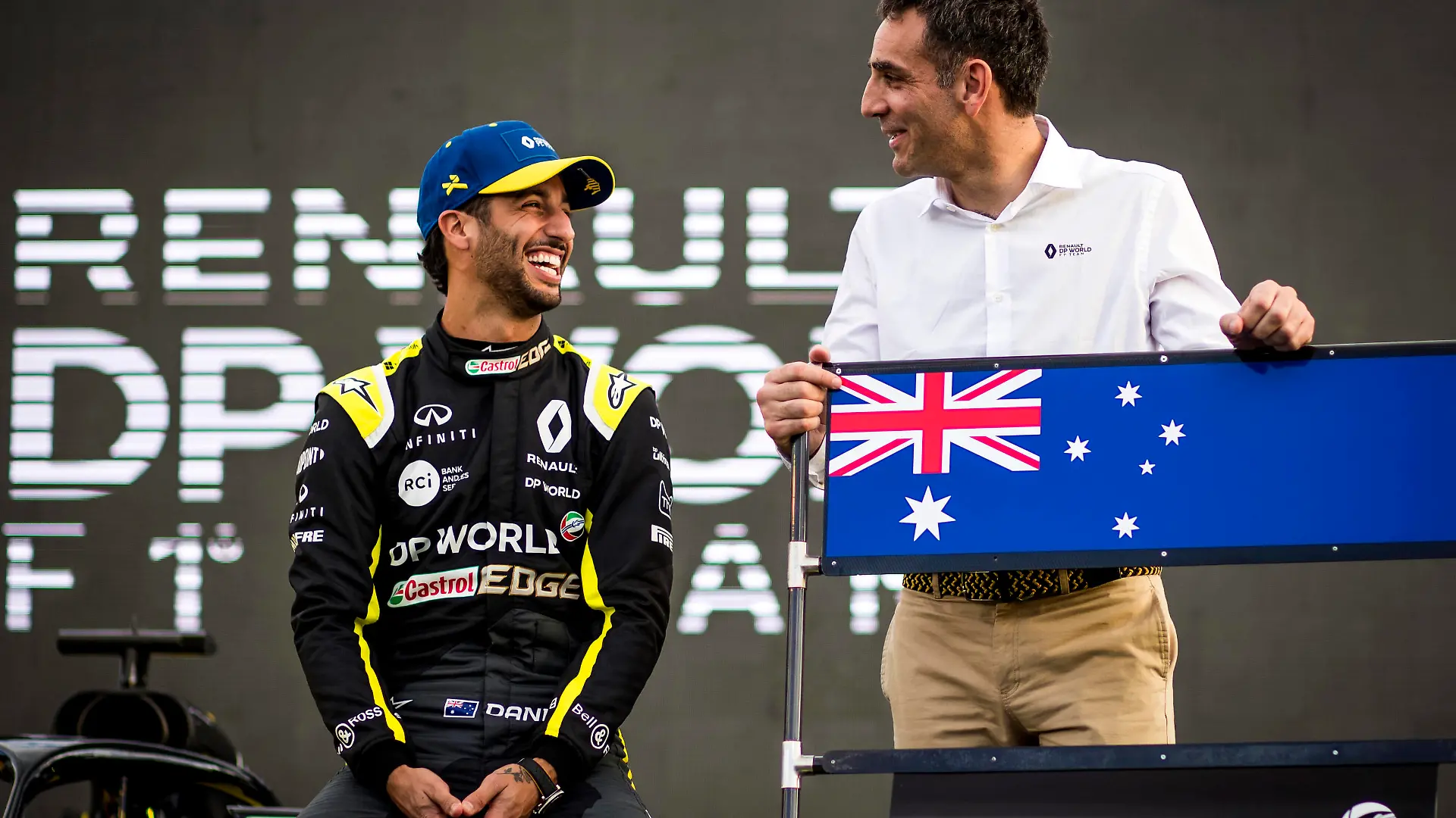 2020 Australian GP MARCH 11: Daniel Ricciardo, Renault F1 with Cyril Abiteboul, Managing Director, Renault F1 Team during the Australian GP on March 11, 2020. Photo by Sam Bloxham / LAT Images Images W6I4913