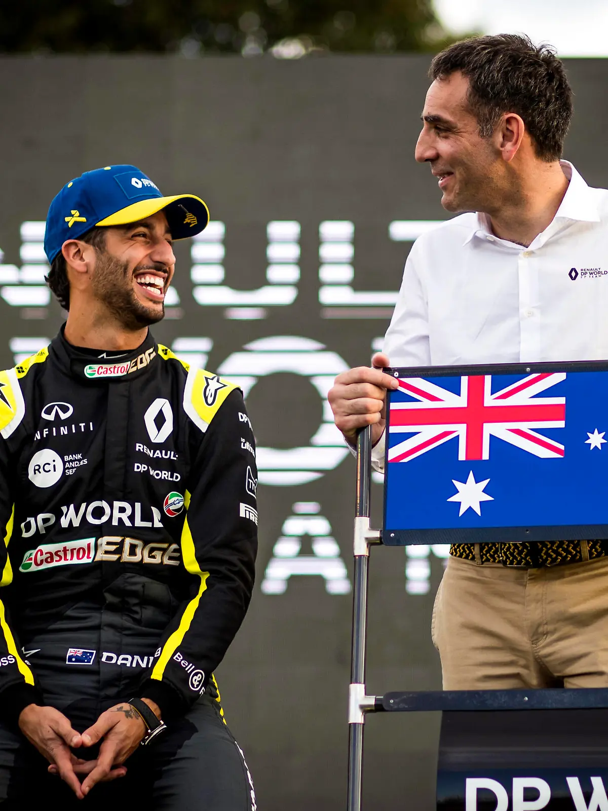  2020 Australian GP MARCH 11: Daniel Ricciardo, Renault F1 with Cyril Abiteboul, Managing Director, Renault F1 Team during the Australian GP on March 11, 2020. Photo by Sam Bloxham / LAT Images Images W6I4913