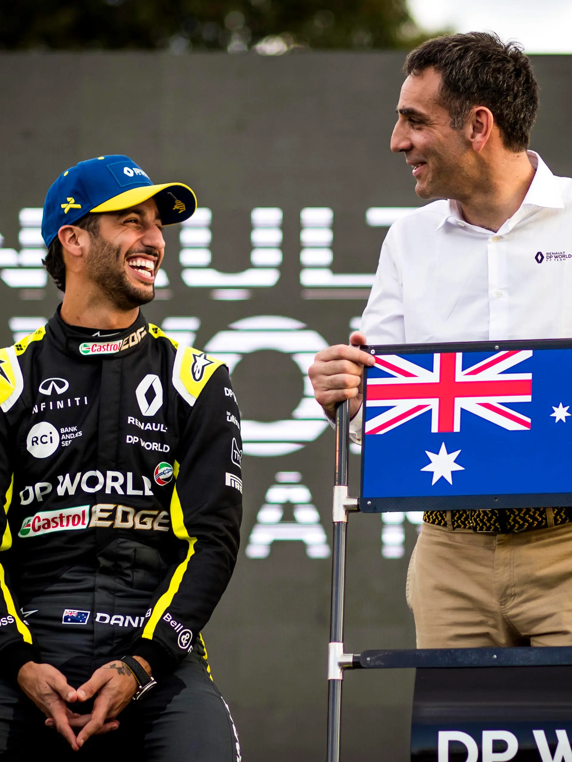  2020 Australian GP MARCH 11: Daniel Ricciardo, Renault F1 with Cyril Abiteboul, Managing Director, Renault F1 Team during the Australian GP on March 11, 2020. Photo by Sam Bloxham / LAT Images Images W6I4913