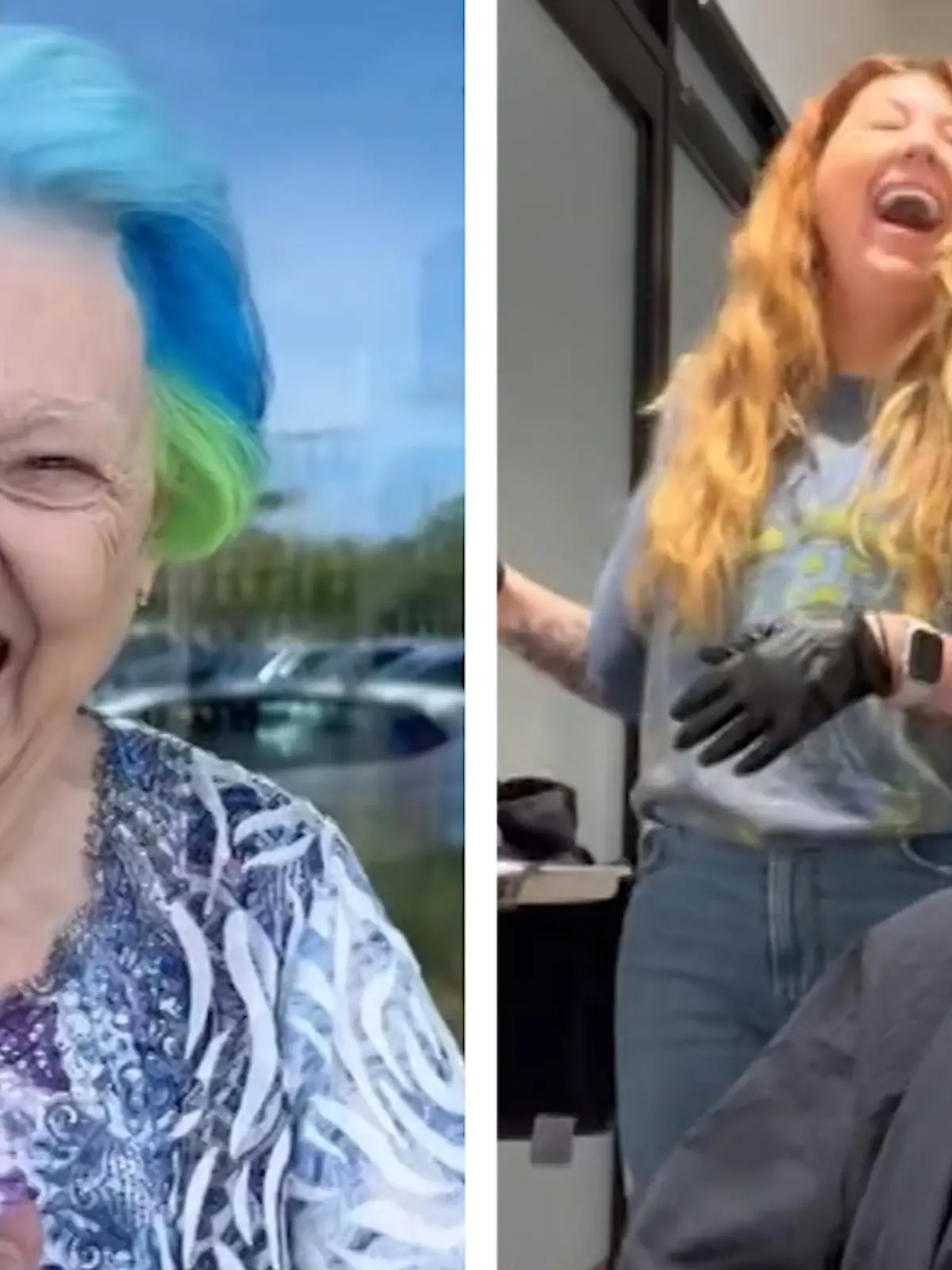 Enkelin Kourtnee Jinright (30) aus Florida färbt Oma Betty Mae Jinright die Haare in Regenbogenfarben. Diese bricht beim Umstyling in schallendes Gelächter aus - im Video.