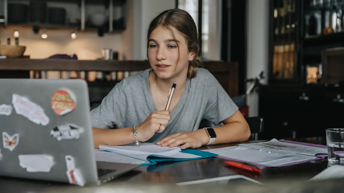  Teenage girl studying from home, using laptop model released Symbolfoto property released MFF06021