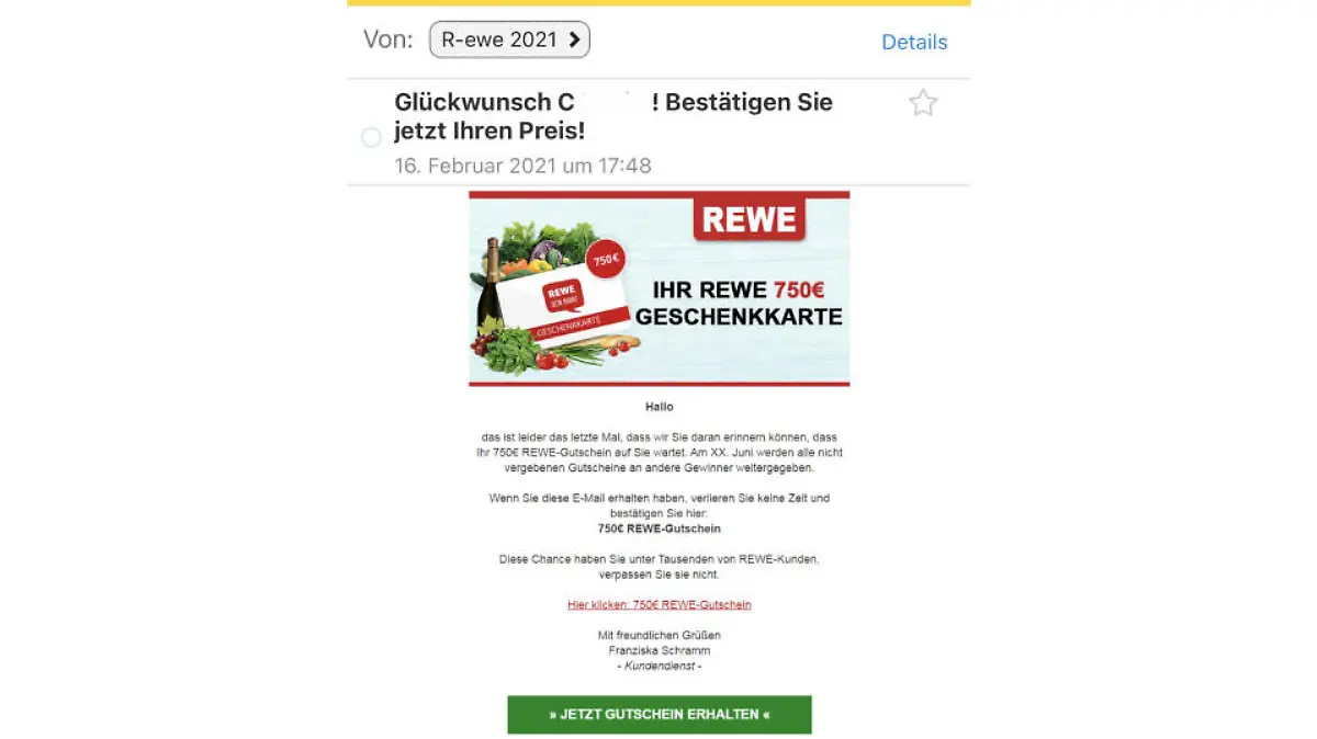 Gefälschte Rewe-E-Mail