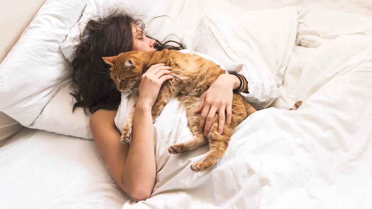 Frau schläft mit Katze im Bett.